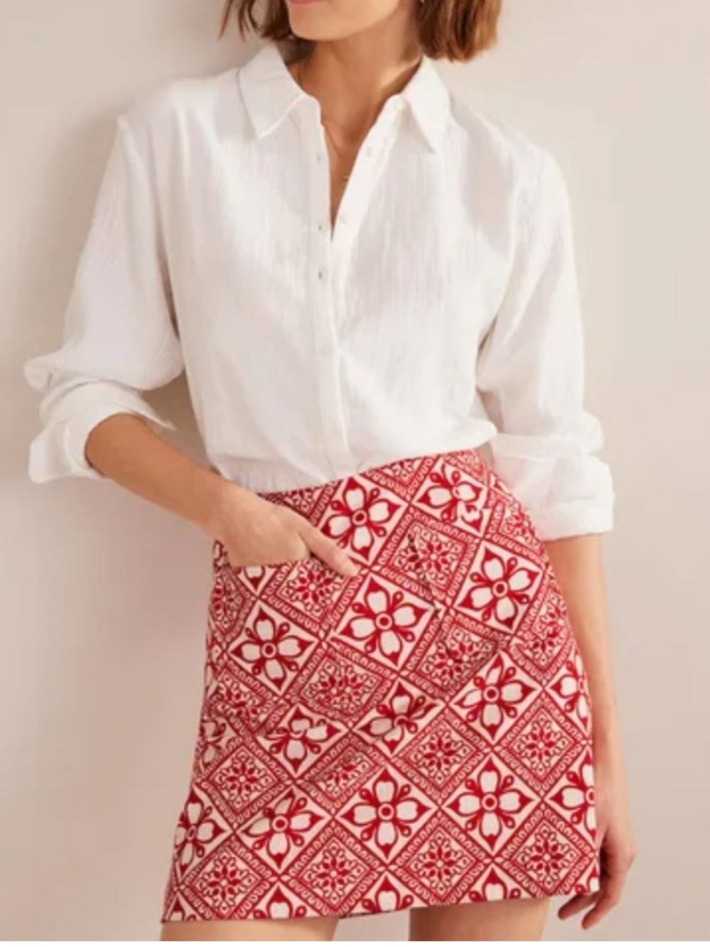 Boden Red/White Geometric Printed A Line Mini Skirt with Pockets Size US 4 UK 8